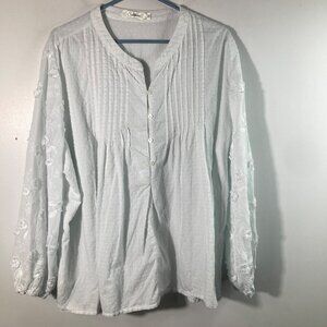 Womens Solitaire Embroidered Swiss‎ Dot Tunic Long Sleeve Flowers White 3X